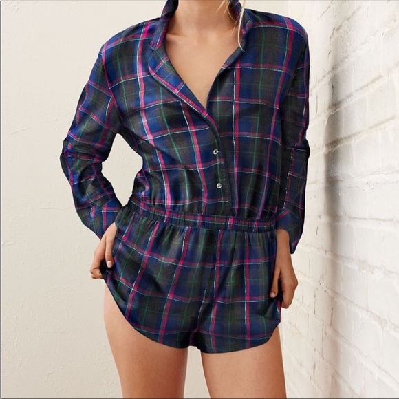 Victoria’s Secret Romper Flannel Plaid Button Up Pajamas - Picture 1 of 8